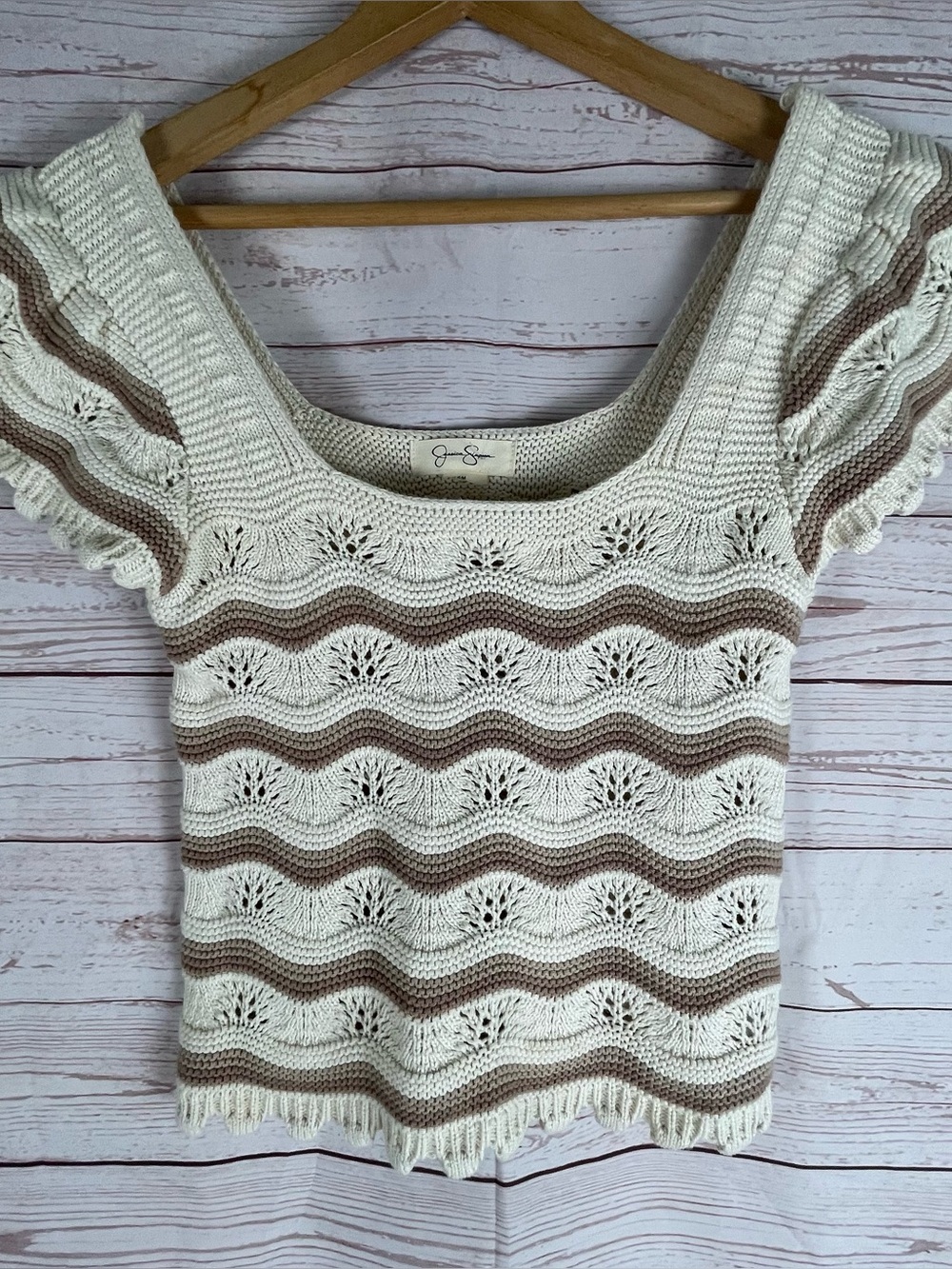 Jessica Simpson Size M Crochet Knit Top Ruffle Sleeves Boho Women's Fall Cottage